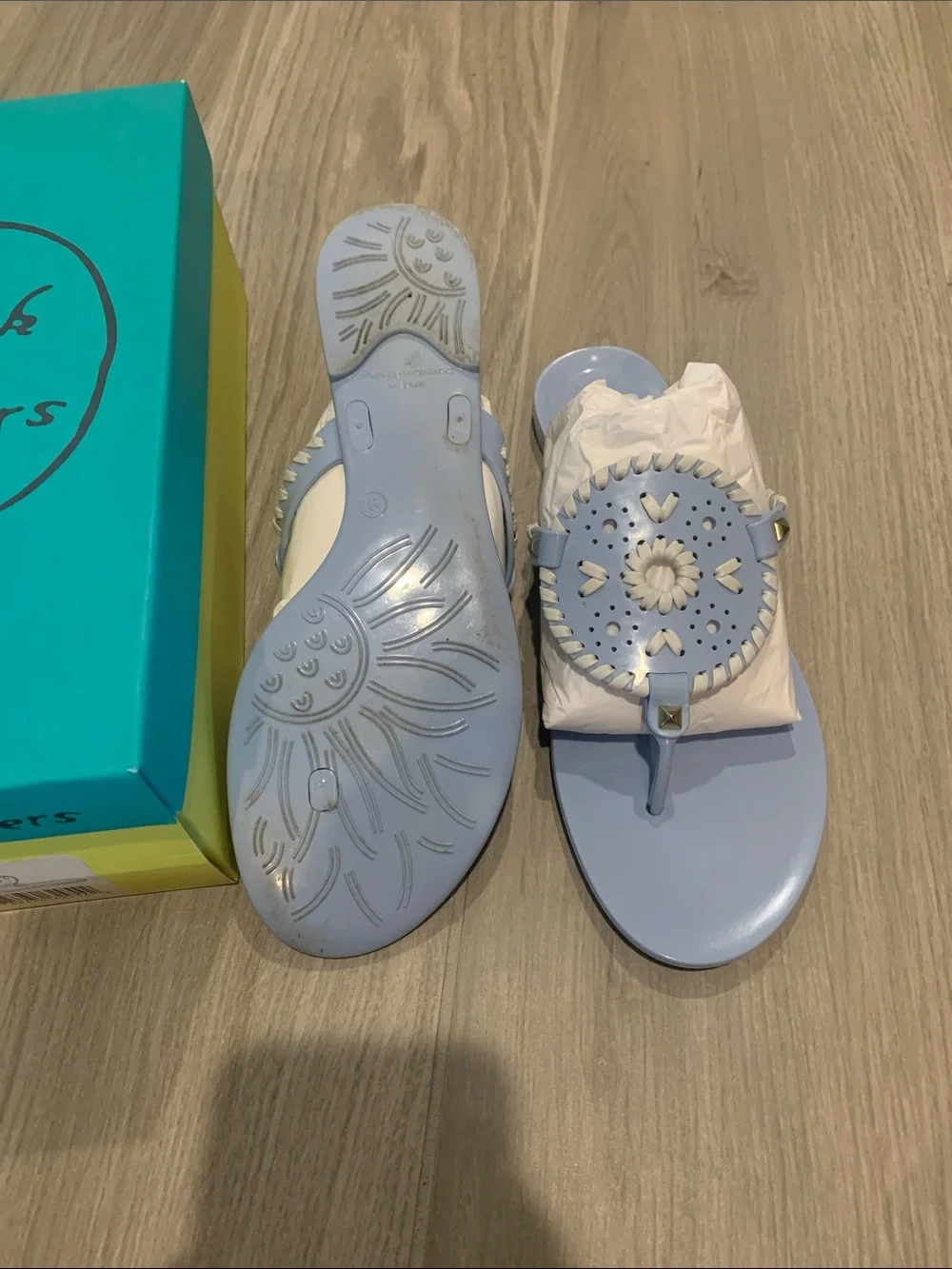 Jack Rogers Pale Blue Jelly Thong Sandals with Medallion